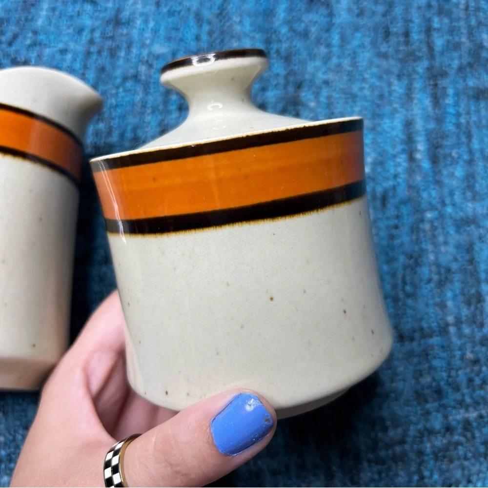 Vintage 70s Sango Rainbow Stoneware Cream & Sugar Dish 653 Caroline Retro Orange